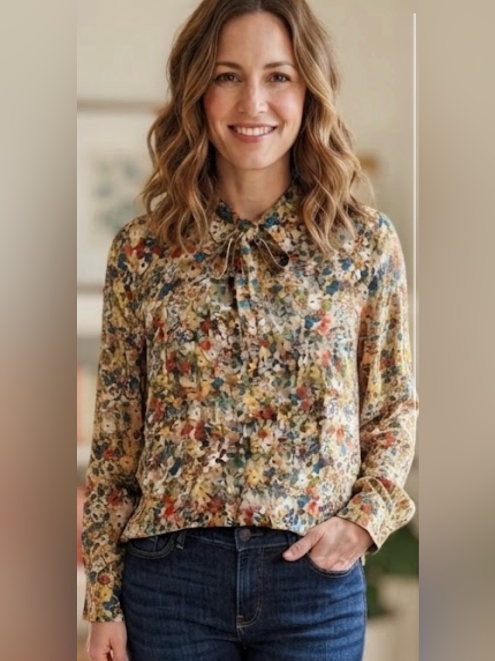 J. Jill Multicolor Floral Tie-Neck Blouse